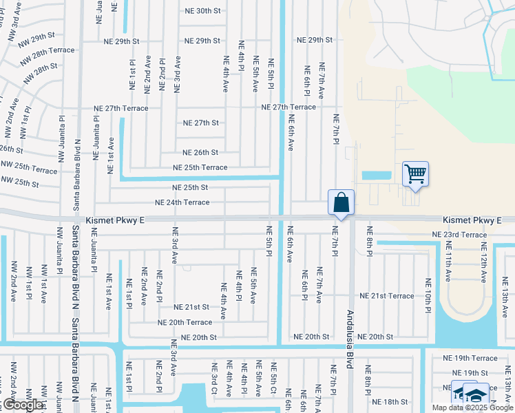 map of restaurants, bars, coffee shops, grocery stores, and more near 502 Northeast 24th Terrace in Cape Coral