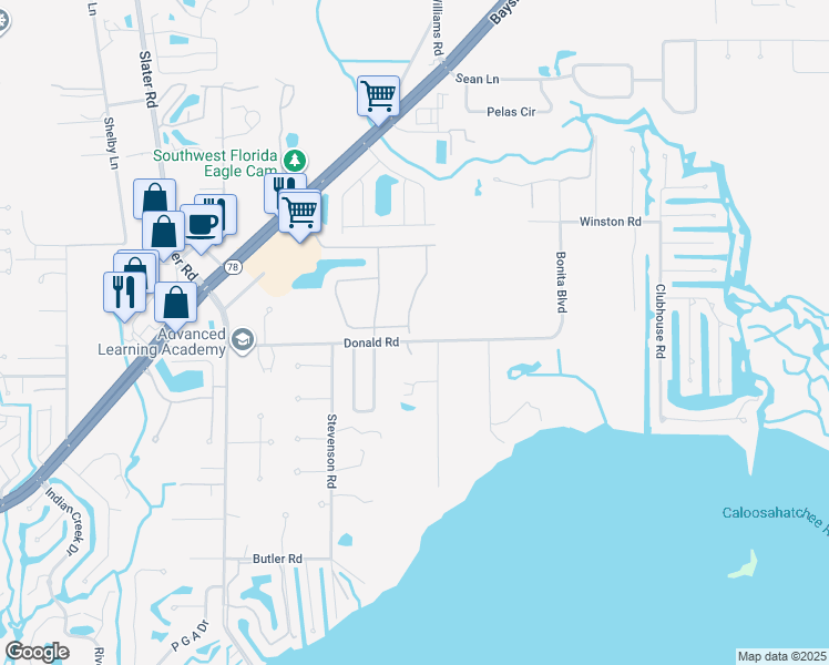 map of restaurants, bars, coffee shops, grocery stores, and more near 1150 Donald Road in North Fort Myers