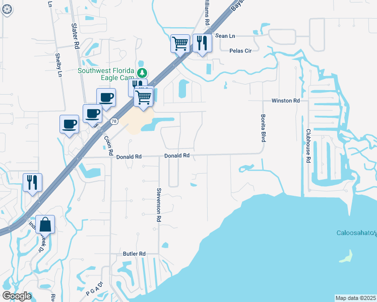 map of restaurants, bars, coffee shops, grocery stores, and more near 1144 Donald Road in North Fort Myers