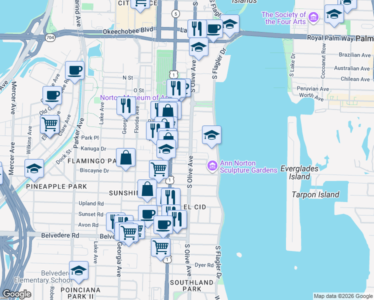 map of restaurants, bars, coffee shops, grocery stores, and more near 220 Wildermere Road in West Palm Beach