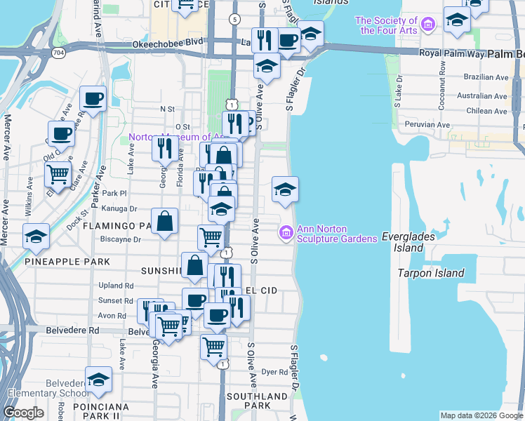 map of restaurants, bars, coffee shops, grocery stores, and more near 220 Wildermere Road in West Palm Beach