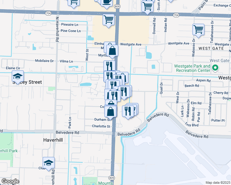map of restaurants, bars, coffee shops, grocery stores, and more near N Military Trl & Cherry Rd in West Palm Beach