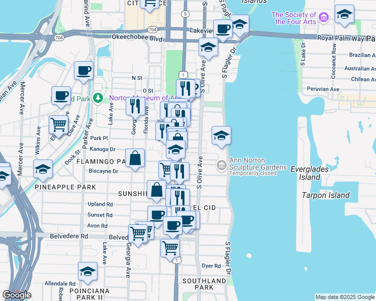map of restaurants, bars, coffee shops, grocery stores, and more near 316 Wildermere Road in West Palm Beach