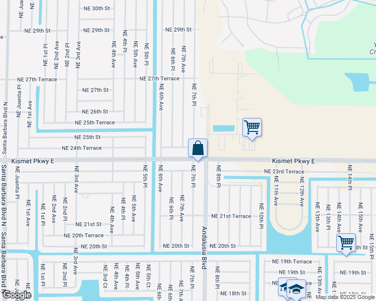 map of restaurants, bars, coffee shops, grocery stores, and more near 706 Northeast 24th Terrace in Cape Coral