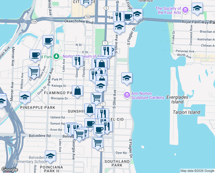map of restaurants, bars, coffee shops, grocery stores, and more near 316 Wildermere Road in West Palm Beach