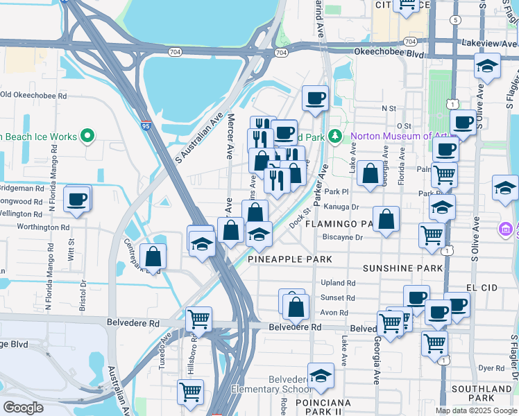 map of restaurants, bars, coffee shops, grocery stores, and more near 1050 Blanche Street in West Palm Beach