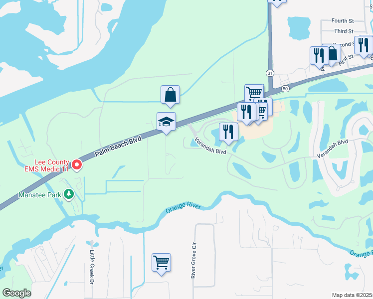 map of restaurants, bars, coffee shops, grocery stores, and more near 11572 Verandah Palm Court in Fort Myers