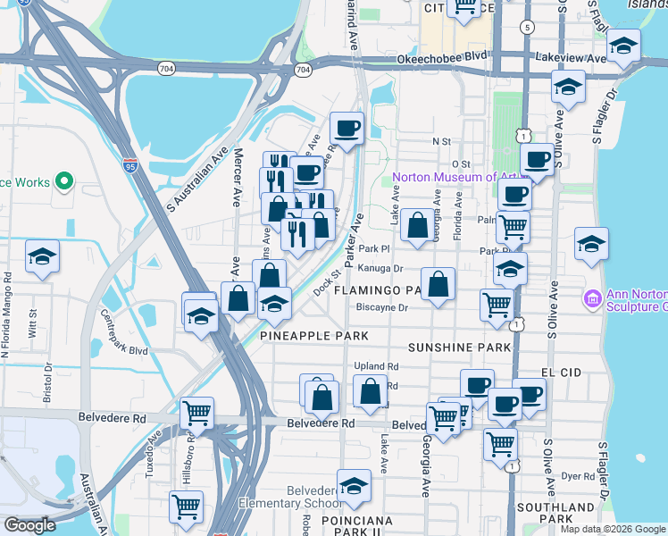 map of restaurants, bars, coffee shops, grocery stores, and more near 1905 Parker Avenue in West Palm Beach