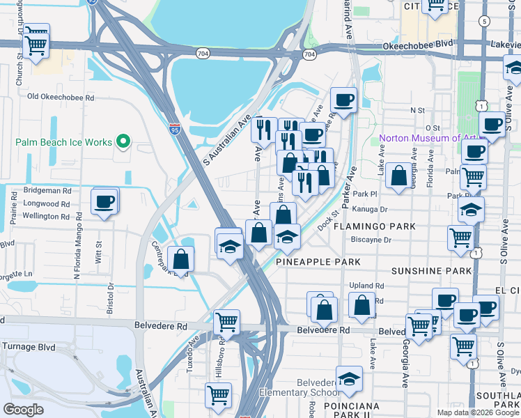 map of restaurants, bars, coffee shops, grocery stores, and more near 1212 Longwood Street in West Palm Beach