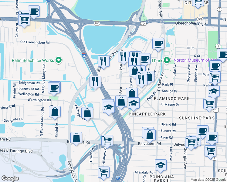 map of restaurants, bars, coffee shops, grocery stores, and more near 1321 Wellington Street in West Palm Beach