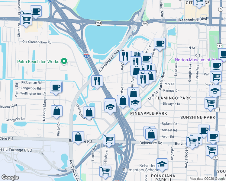 map of restaurants, bars, coffee shops, grocery stores, and more near 1321 Wellington Street in West Palm Beach