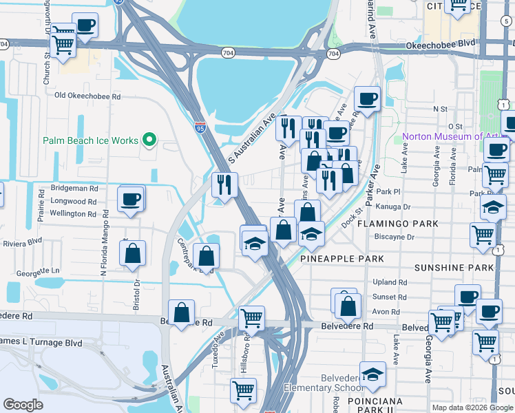 map of restaurants, bars, coffee shops, grocery stores, and more near 1321 Wellington Street in West Palm Beach