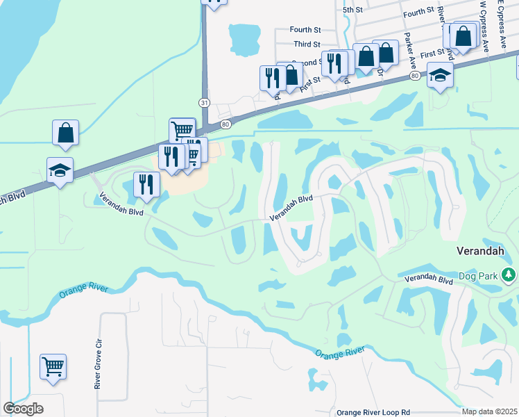 map of restaurants, bars, coffee shops, grocery stores, and more near 11591 Verandah Boulevard in Fort Myers