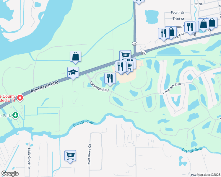 map of restaurants, bars, coffee shops, grocery stores, and more near 5 Verandah Boulevard in Fort Myers