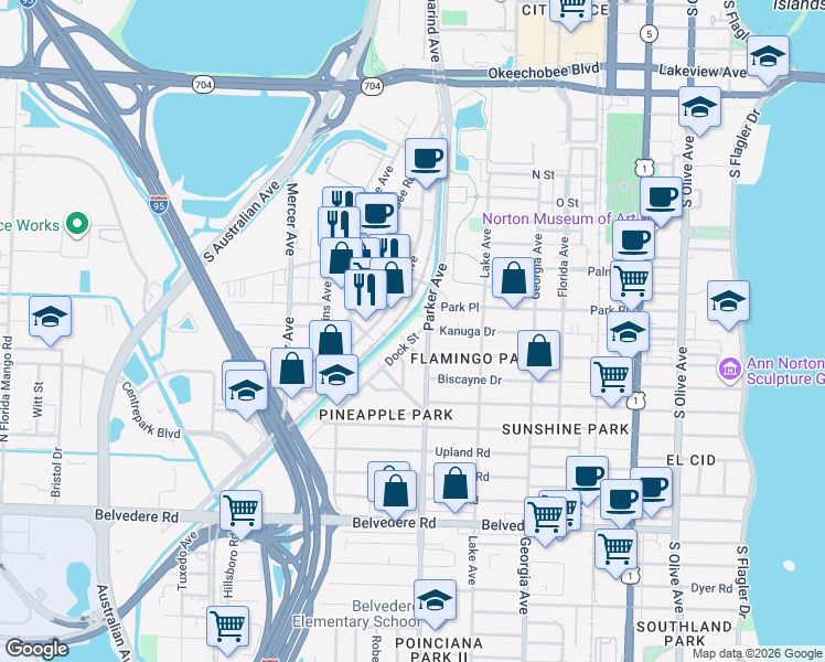 map of restaurants, bars, coffee shops, grocery stores, and more near 1959 Dock Street in West Palm Beach