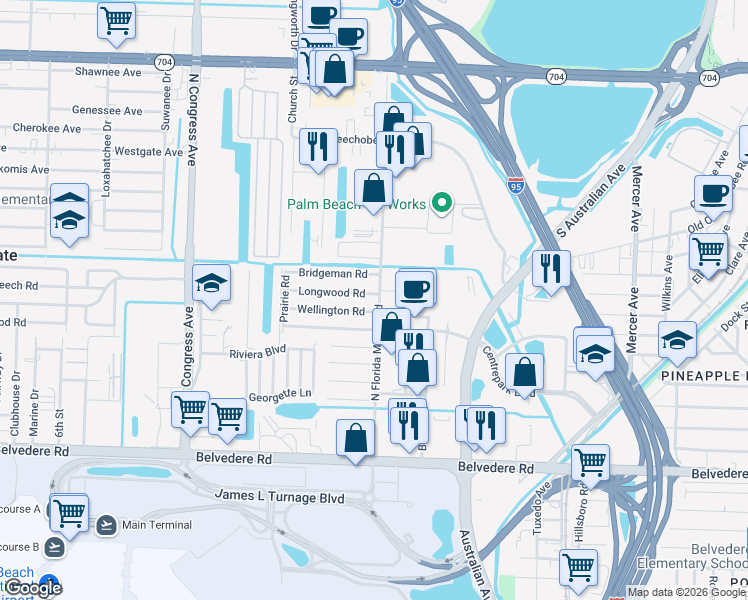map of restaurants, bars, coffee shops, grocery stores, and more near 2005 Wellington Road in West Palm Beach