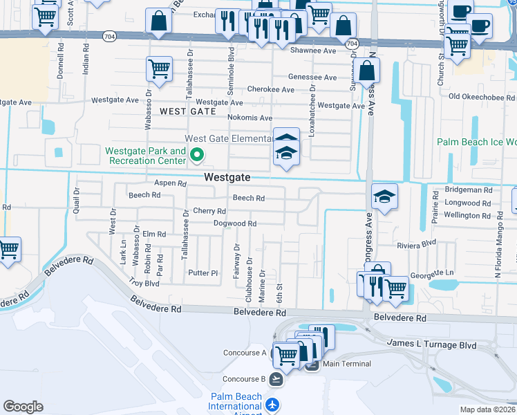 map of restaurants, bars, coffee shops, grocery stores, and more near in Westgate