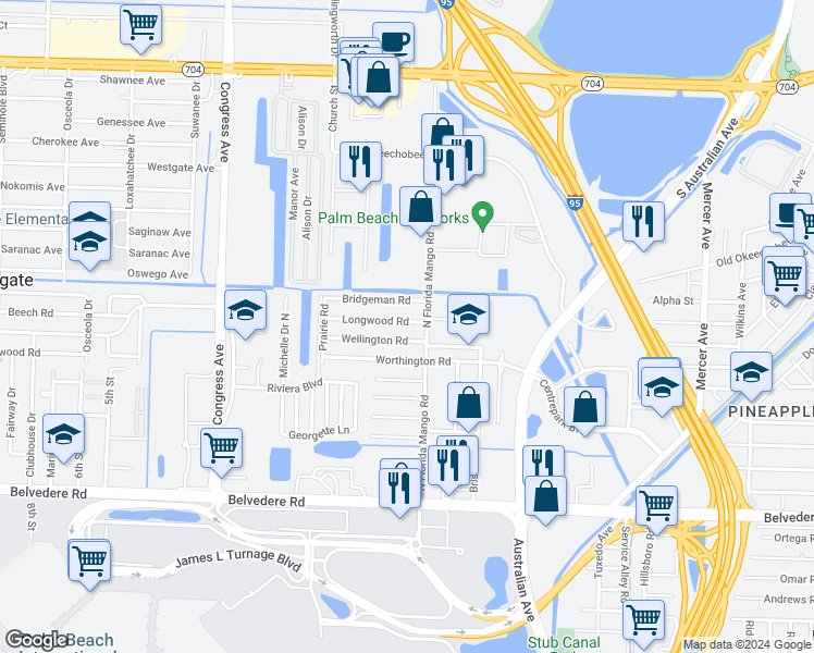 map of restaurants, bars, coffee shops, grocery stores, and more near 2012 Longwood Road in West Palm Beach