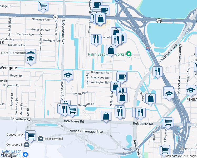 map of restaurants, bars, coffee shops, grocery stores, and more near 2037 Wellington Road in West Palm Beach