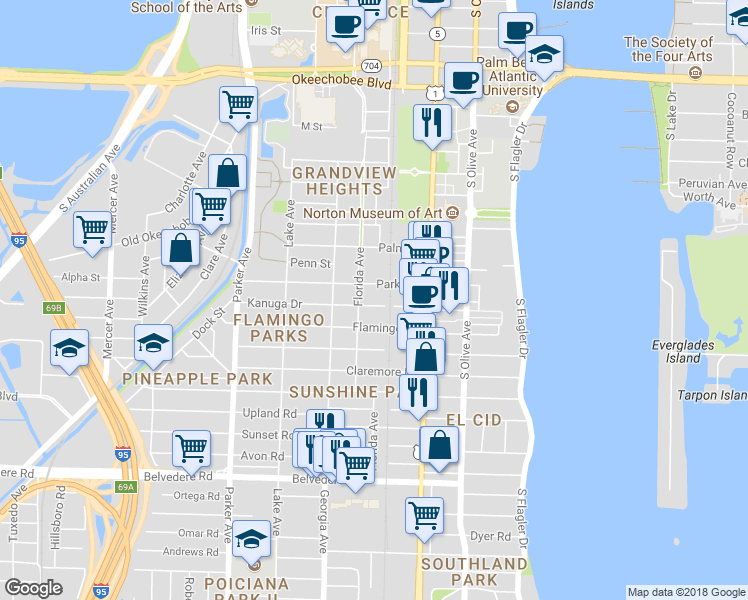 map of restaurants, bars, coffee shops, grocery stores, and more near 516 Kanuga Drive in West Palm Beach
