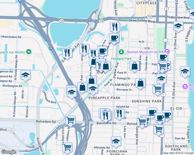 map of restaurants, bars, coffee shops, grocery stores, and more near 1701 Clare Avenue in West Palm Beach