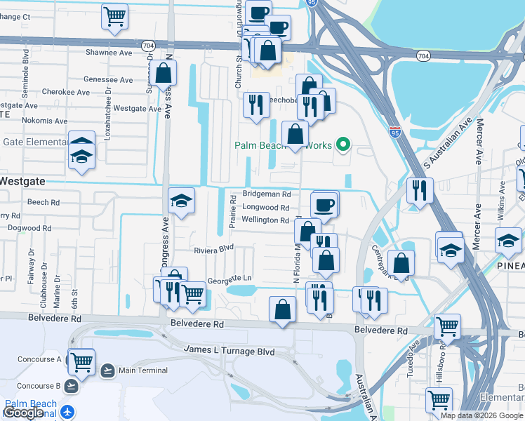 map of restaurants, bars, coffee shops, grocery stores, and more near 2037 Wellington Road in West Palm Beach