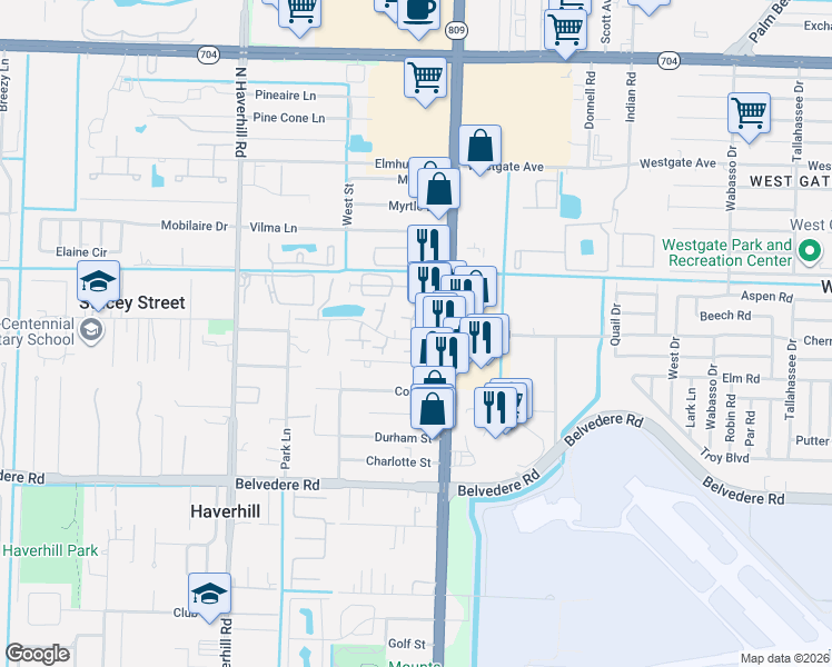 map of restaurants, bars, coffee shops, grocery stores, and more near in Westgate