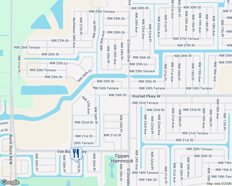 map of restaurants, bars, coffee shops, grocery stores, and more near 2421 Northwest 24th Street in Cape Coral