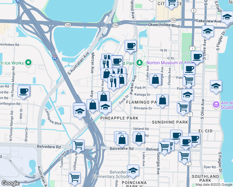 map of restaurants, bars, coffee shops, grocery stores, and more near 1604 Clare Avenue in West Palm Beach