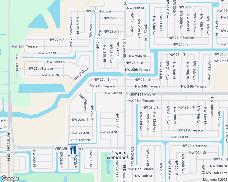 map of restaurants, bars, coffee shops, grocery stores, and more near 2421 Northwest 24th Street in Cape Coral