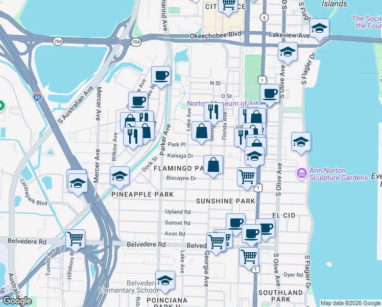 map of restaurants, bars, coffee shops, grocery stores, and more near 741 Kanuga Drive in West Palm Beach