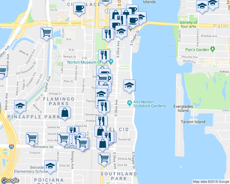 map of restaurants, bars, coffee shops, grocery stores, and more near 220 Wildermere Road in West Palm Beach