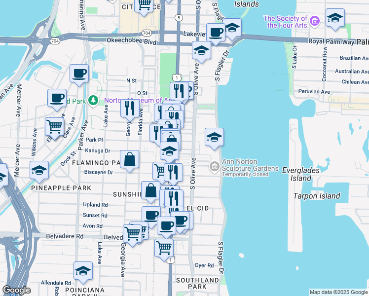 map of restaurants, bars, coffee shops, grocery stores, and more near 316 Wildermere Road in West Palm Beach