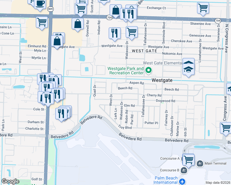 map of restaurants, bars, coffee shops, grocery stores, and more near 812 Cherry Road in West Palm Beach