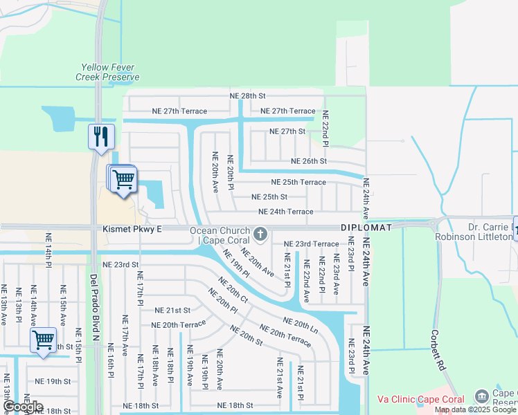 map of restaurants, bars, coffee shops, grocery stores, and more near 2042 Northeast 24th Terrace in Cape Coral