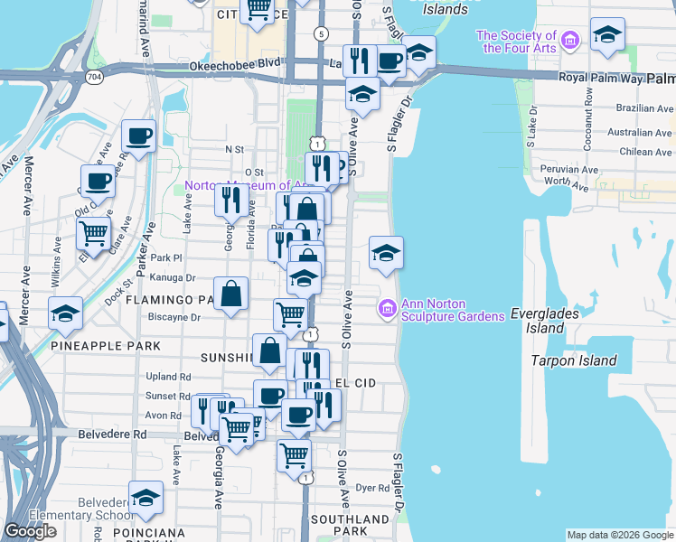 map of restaurants, bars, coffee shops, grocery stores, and more near 316 Wildermere Road in West Palm Beach