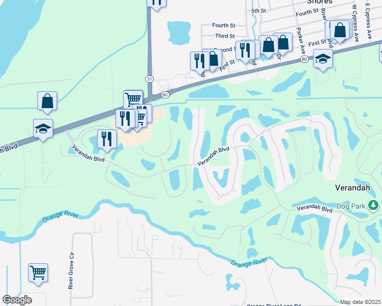 map of restaurants, bars, coffee shops, grocery stores, and more near 3121 Meandering Way in Fort Myers