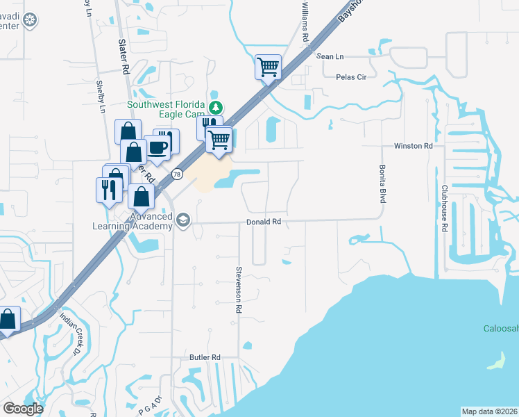 map of restaurants, bars, coffee shops, grocery stores, and more near 1144 Donald Road in North Fort Myers