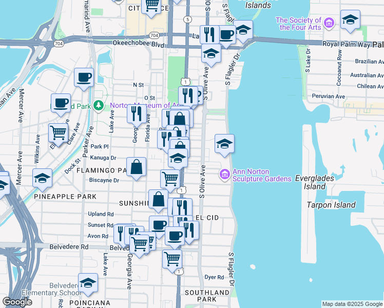 map of restaurants, bars, coffee shops, grocery stores, and more near 313 Wildermere Road in West Palm Beach