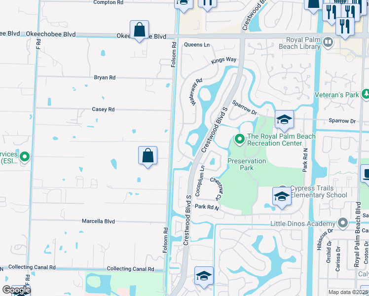 map of restaurants, bars, coffee shops, grocery stores, and more near 102 Royal Court in Royal Palm Beach