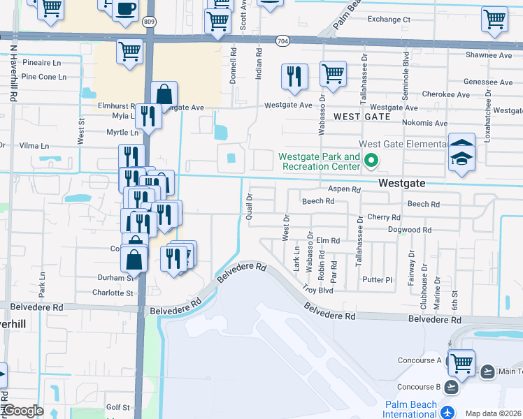 map of restaurants, bars, coffee shops, grocery stores, and more near 1016 Cherry Road in West Palm Beach