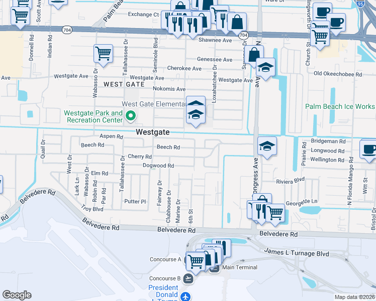 map of restaurants, bars, coffee shops, grocery stores, and more near 508 Beech Road in West Palm Beach
