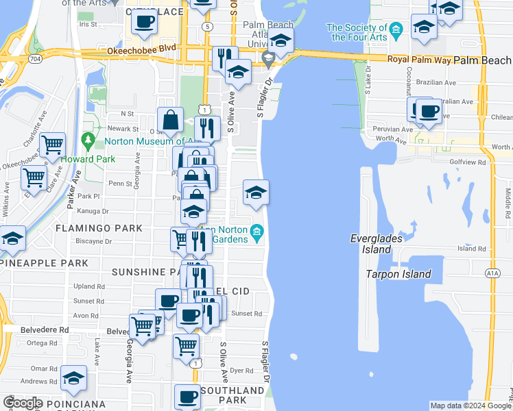 map of restaurants, bars, coffee shops, grocery stores, and more near 1901 South Flagler Drive in West Palm Beach