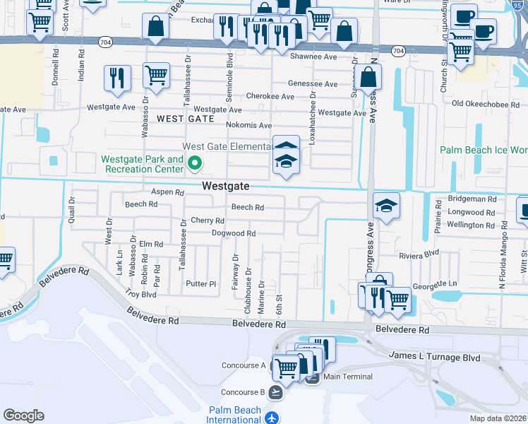 map of restaurants, bars, coffee shops, grocery stores, and more near in Westgate