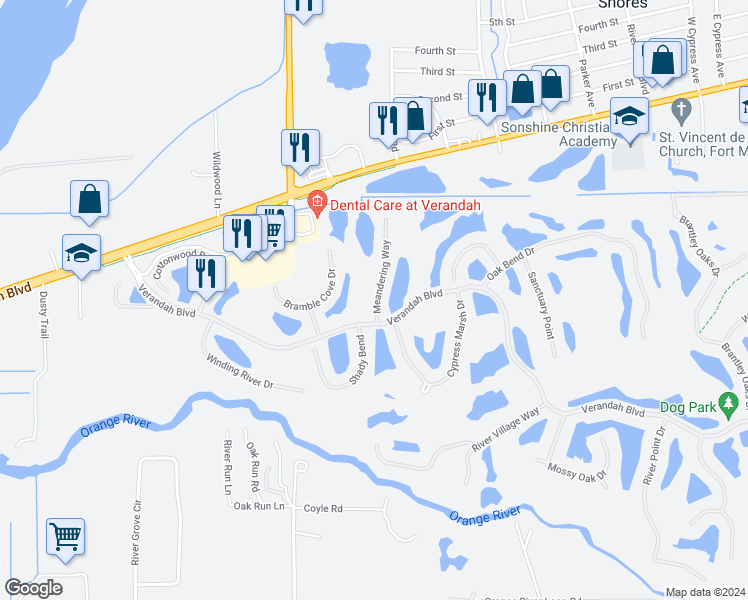 map of restaurants, bars, coffee shops, grocery stores, and more near 3201 Cypress Marsh Drive in Fort Myers