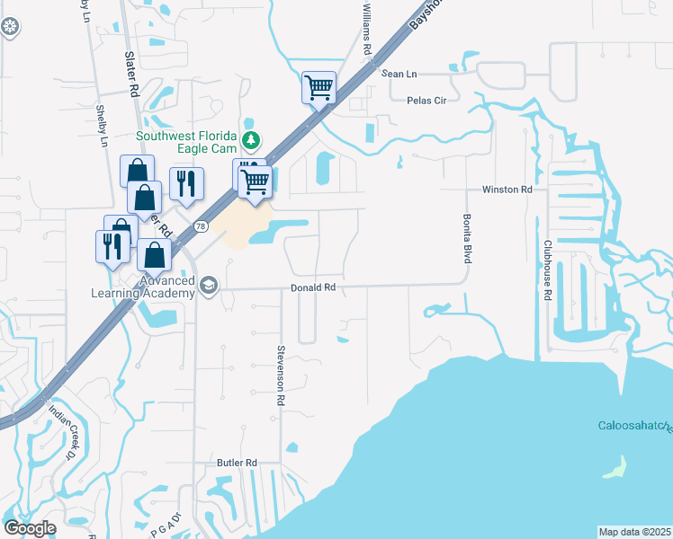 map of restaurants, bars, coffee shops, grocery stores, and more near 1150 Donald Road in North Fort Myers
