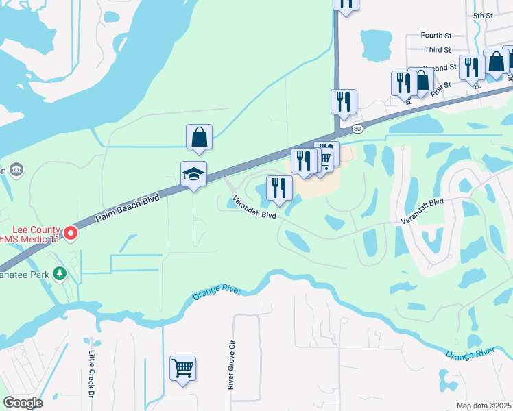 map of restaurants, bars, coffee shops, grocery stores, and more near 3100 Cottonwood Bend in Fort Myers