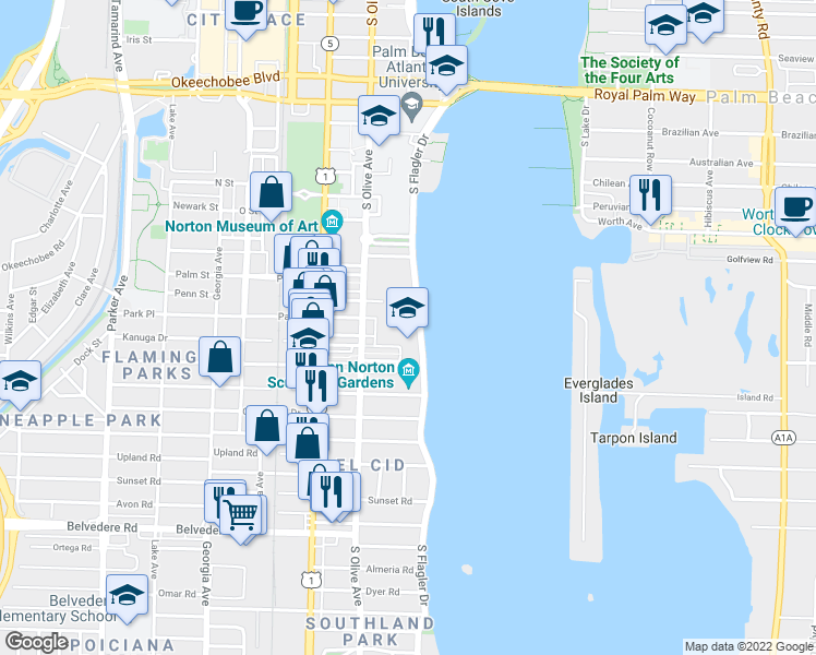 map of restaurants, bars, coffee shops, grocery stores, and more near 1901 South Flagler Drive in West Palm Beach