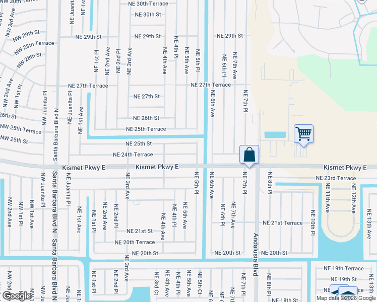map of restaurants, bars, coffee shops, grocery stores, and more near 502 Northeast 24th Terrace in Cape Coral