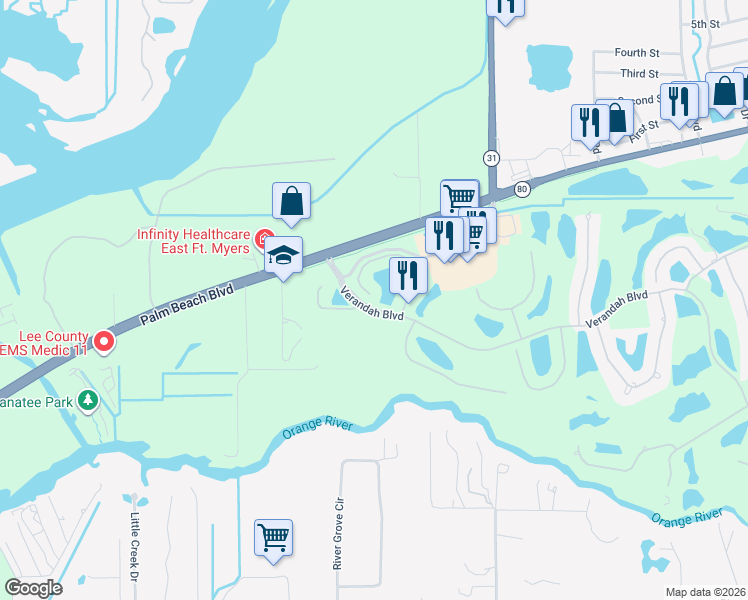 map of restaurants, bars, coffee shops, grocery stores, and more near 11572 Verandah Palm Court in Fort Myers